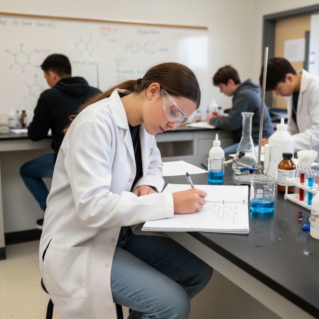 Une eleve de terminale sur sa paillasse de chimie, en train d'écrire son cours dans sur son classeur