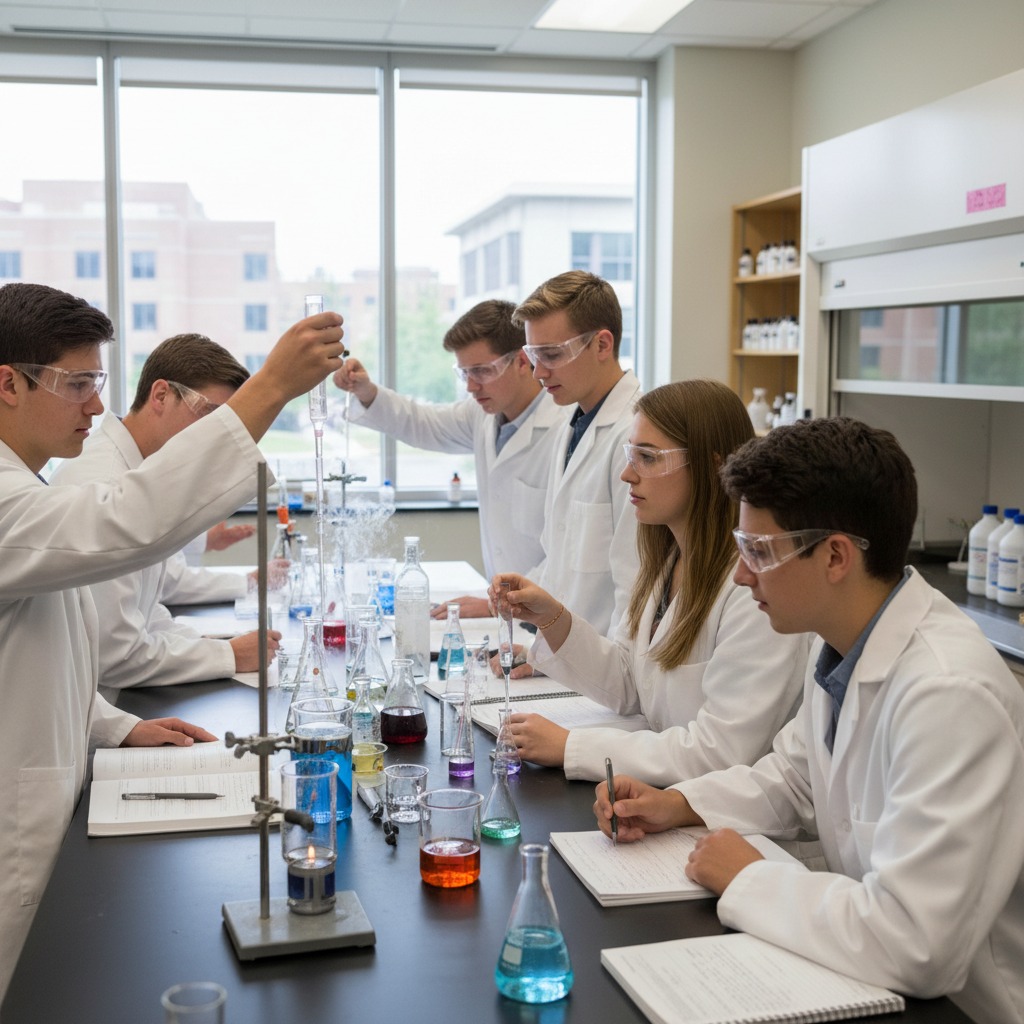 Des eleves de terminale en TP de chimie